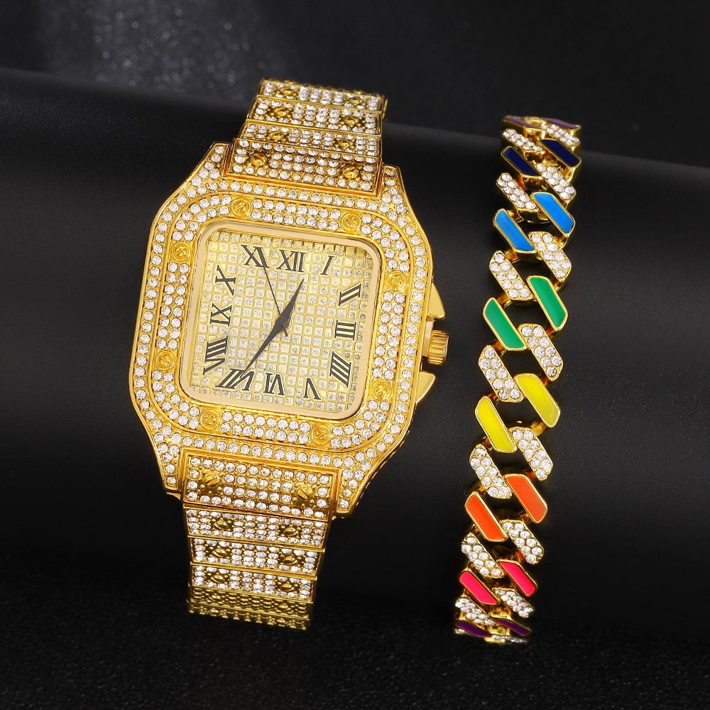 Iced out Watch | Rainbow Cuban Link Chain | Rainbow Cuban Chain