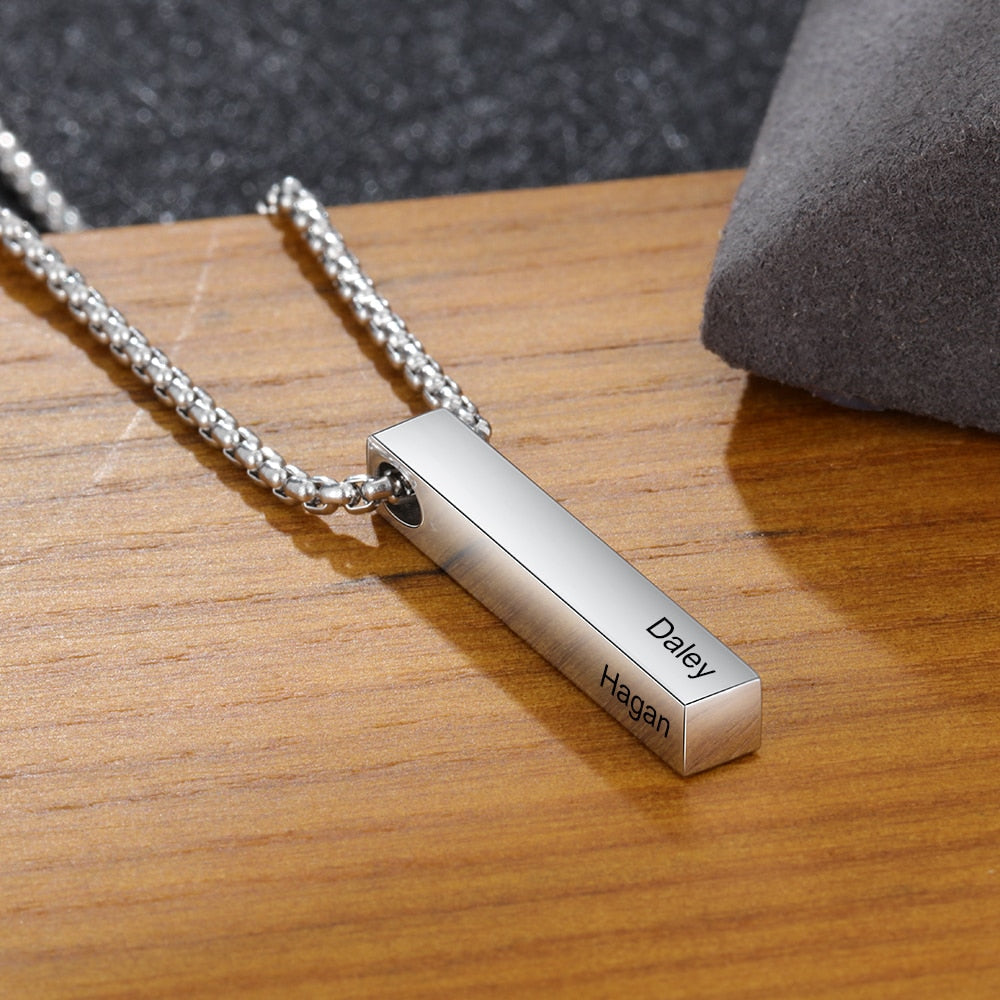 JewelOra Personalized 4 Sides Engraving Name Men Necklaces Customized 3 colors Stainless Steel Vertical Bar Pendant for Fathers