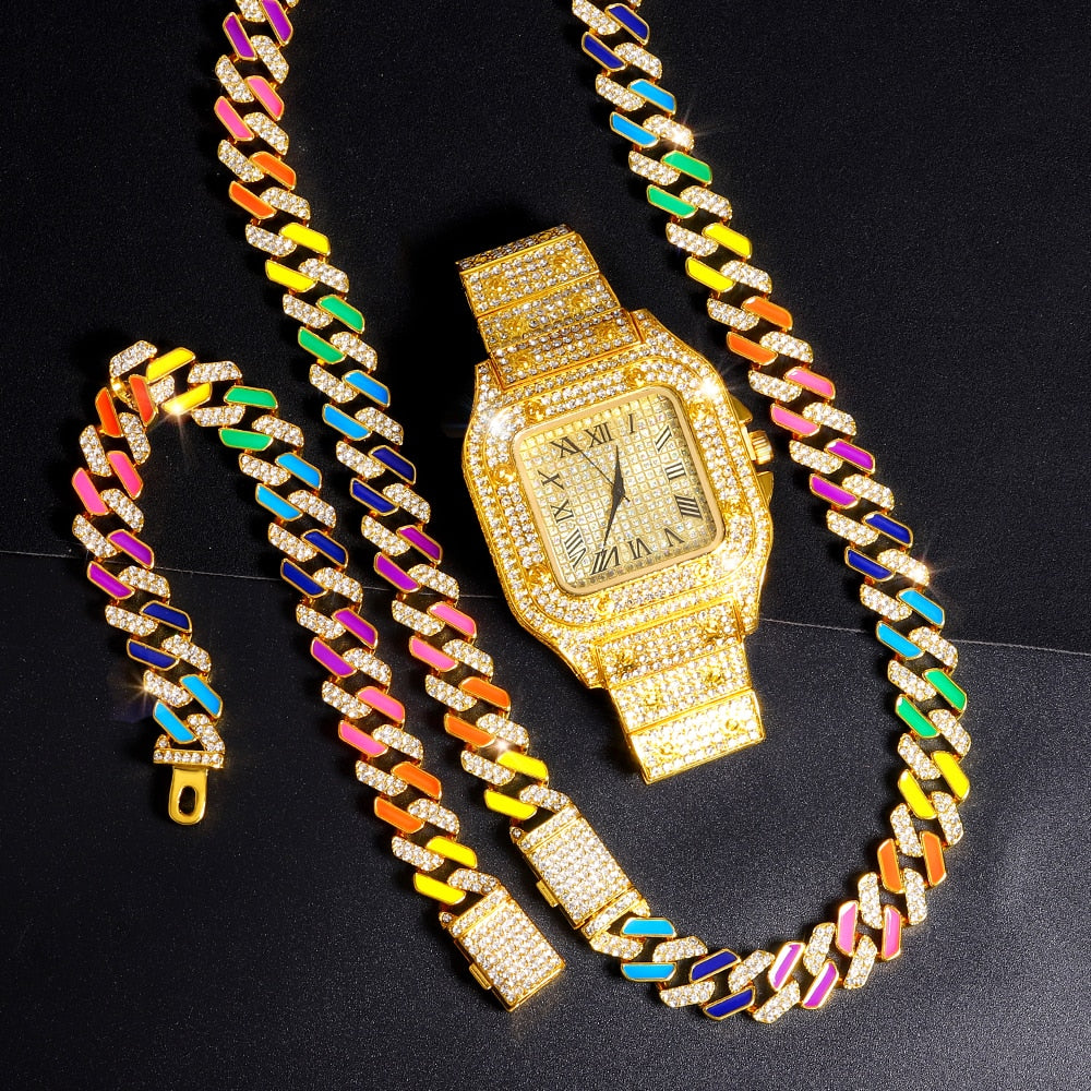 Iced out Watch | Rainbow Cuban Link Chain | Rainbow Cuban Chain