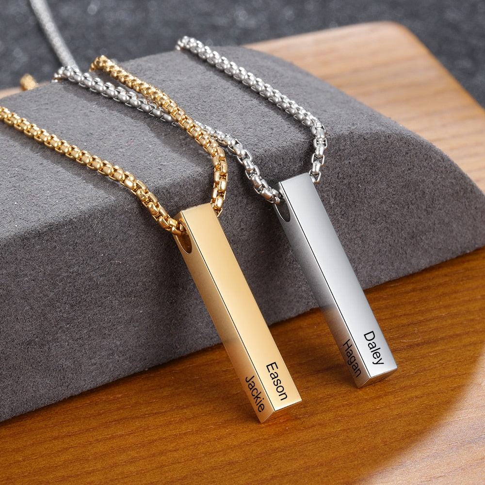 JewelOra Personalized 4 Sides Engraving Name Men Necklaces Customized 3 colors Stainless Steel Vertical Bar Pendant for Fathers