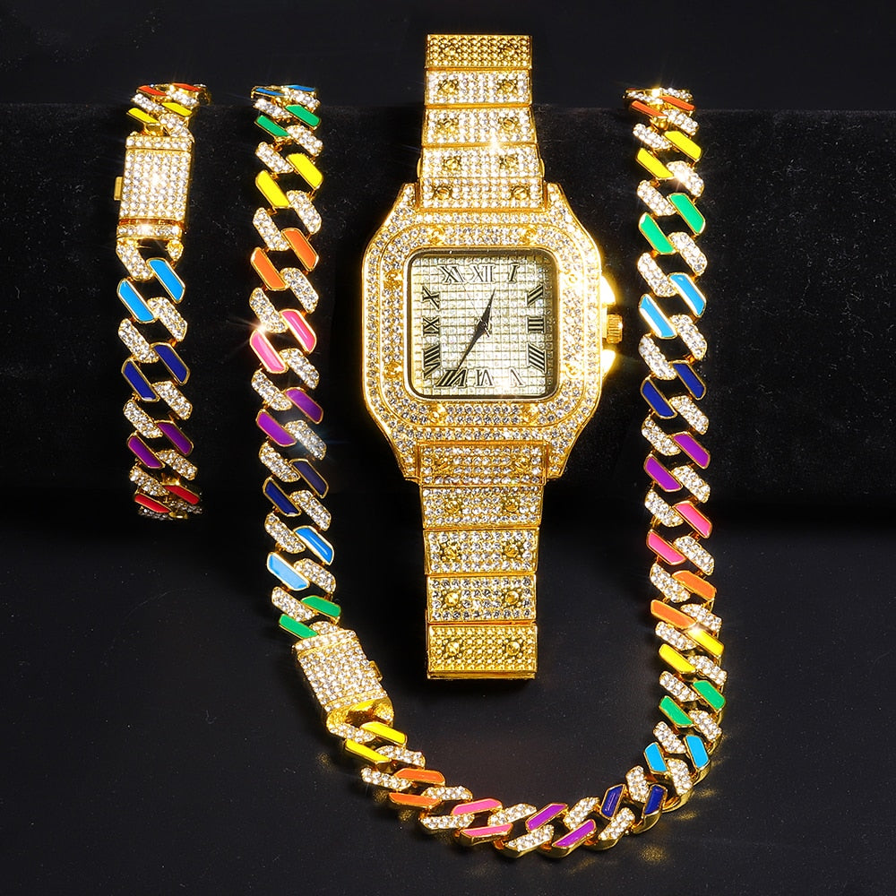 Iced out Watch | Rainbow Cuban Link Chain | Rainbow Cuban Chain