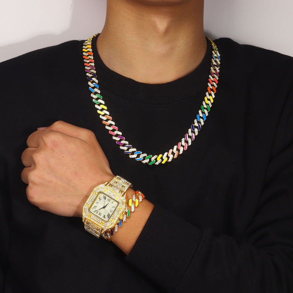 Iced out Watch | Rainbow Cuban Link Chain | Rainbow Cuban Chain