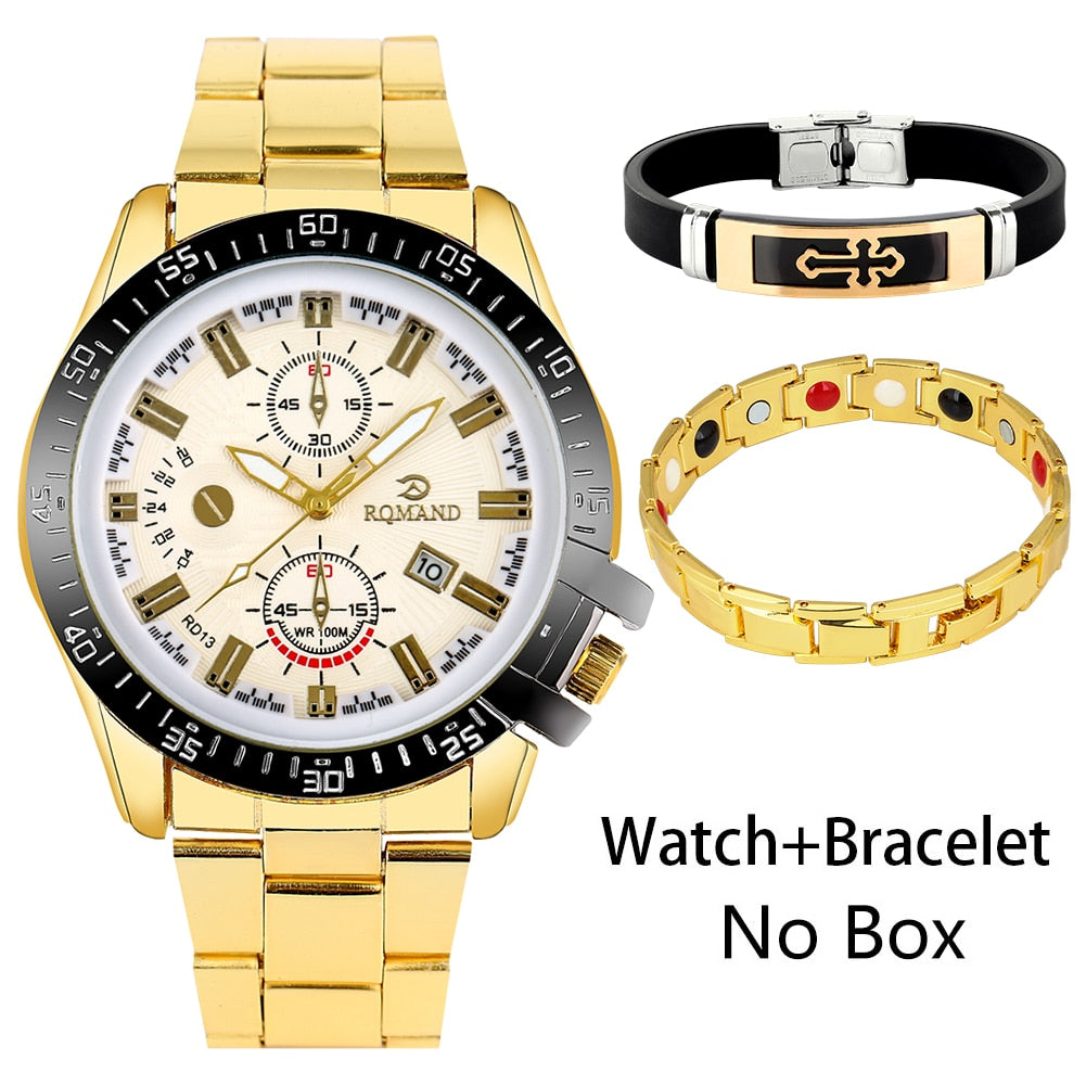 Mens Gold Watch and Bracelet Boxed Set | Mens Gold Watch and Bracelets Set