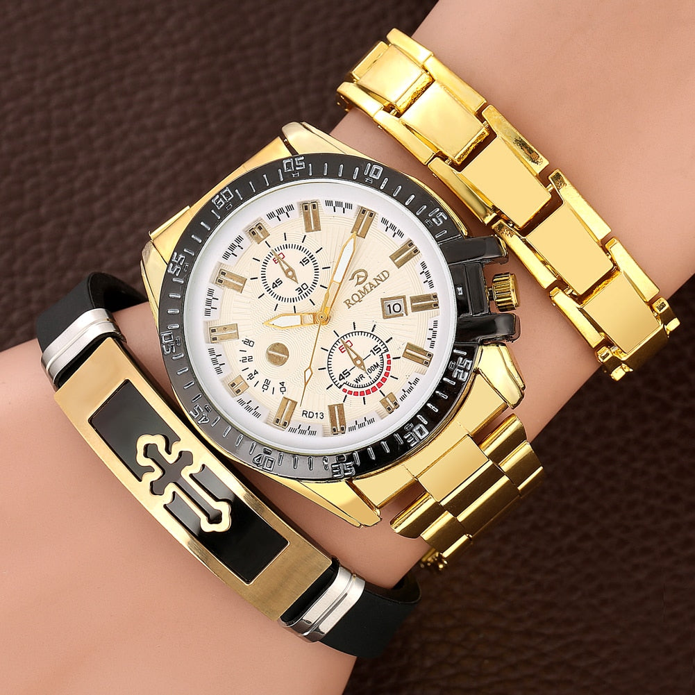 Mens Gold Watch and Bracelet Boxed Set | Mens Gold Watch and Bracelets Set