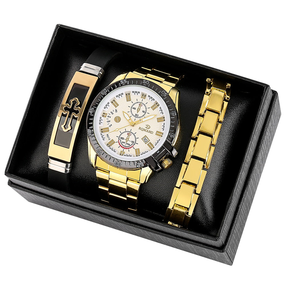 Mens Gold Watch and Bracelet Boxed Set | Mens Gold Watch and Bracelets Set