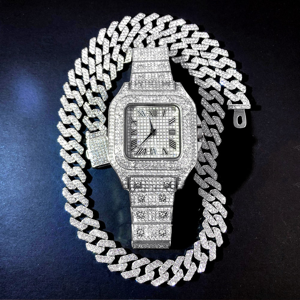 Mens Gold Watch and Bracelet Set | Iced Out Jewelry | Diamond Watches for Men