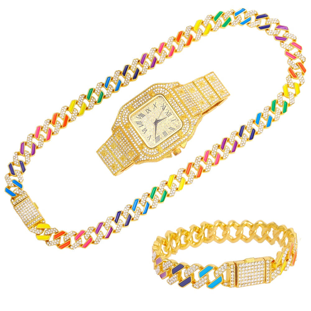 Iced out Watch | Rainbow Cuban Link Chain | Rainbow Cuban Chain