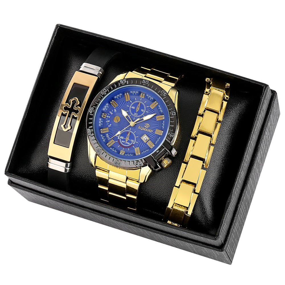 Mens Gold Watch and Bracelet Boxed Set | Mens Gold Watch and Bracelets Set